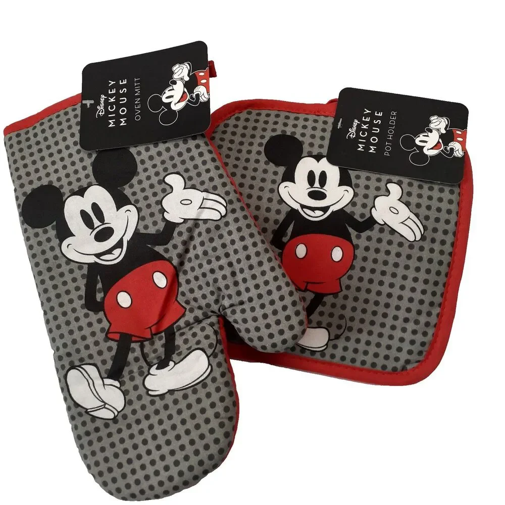 Disney Mickey Mouse Oven Mitt Pot Holder Gray Red Black Polka Dot 2 Pieces